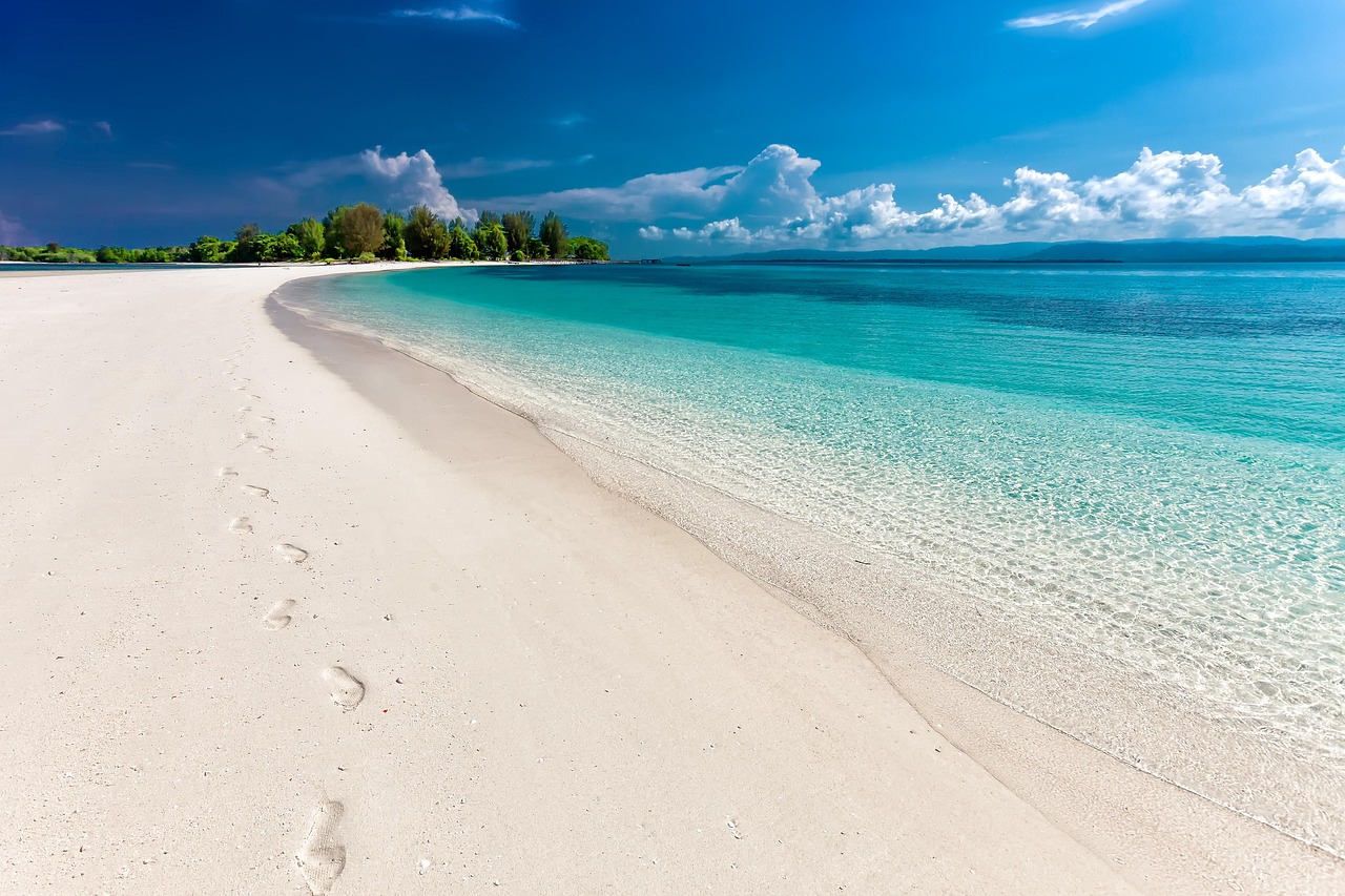 playa, mar, huellas, arena, playa de arena, orilla, naturaleza, costa, litoral, isla tropical